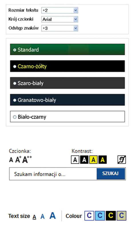 Co to jest WCAG 2.0? Rys. 20. Dodatkowe ułatwienia w postaci zmiany wielkości tekstu i kontrastu [www.aleksandrowkujawski.pup.info.pl, www.widzialni.org, www.bbc.co.