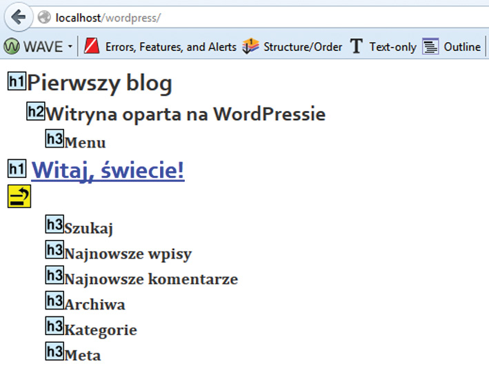 WordPress Można wyodrębnić kilka nagłówków: dwa nagłówki to nagłówki h1, a nagłówki w stopce są w nieodpowiedniej hierarchii. Rys. 27.