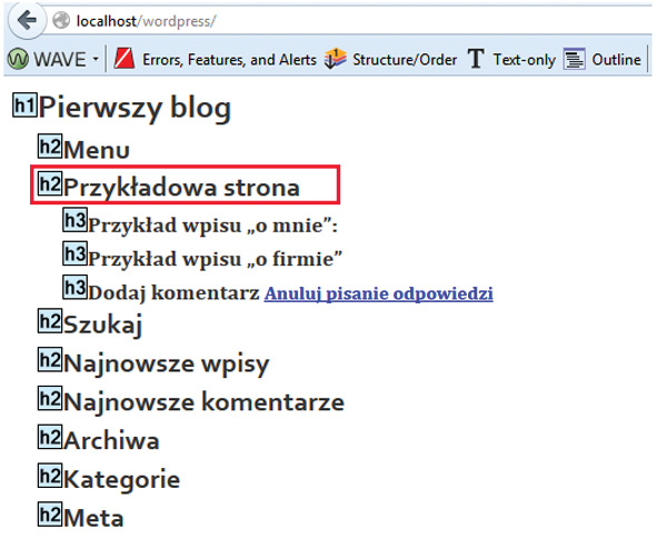 WordPress Rys. 34. Widok struktury nagłówków Gdy włączymy widok struktury nagłówków, zobaczymy, że tytuł edytowanej podstrony, Przykładowa strona, oznaczony jest nagłówkiem <h2>.