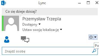 W aplikacji Lync 2013 z zalogowanym użytkownikiem kliknij ikonę Opcje. Ma ona postać małego kółka zębatego w prawym górnym rogu okna aplikacji.