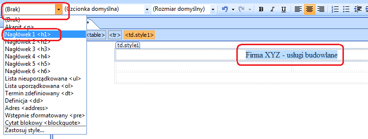 KROK 4: W pierwszym wierszu tabeli wpisujemy test Firma XYZ usługi budowlane.