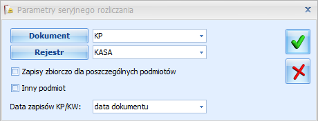 Rys. Parametry seryjnego rozliczania W polu Dokument należy wybrać odpowiedni schemat numeracji zapisów kasowych/bankowych.
