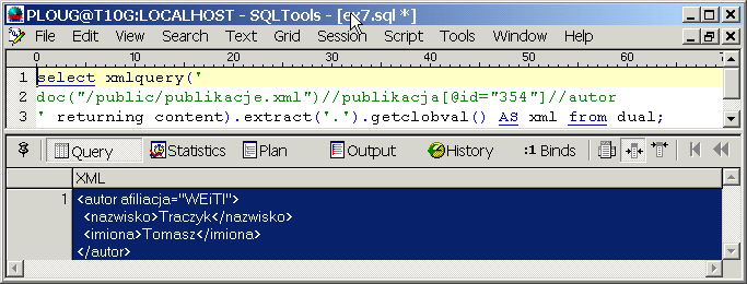 XQuery w SQL/XML Funkcja xmlquery() Przyjmuje tekstowo zapytanie XQuery Zwraca wynikowy XML w postaci XMLType klauzula ingcontent jest obowiązkowa w Oracle10g nie ma opcji ing sequence W celu
