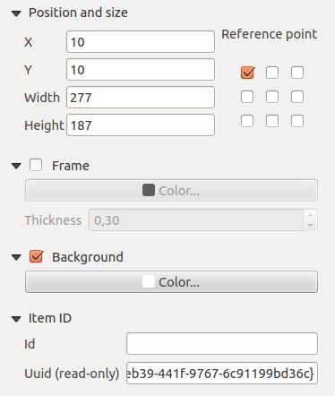 18.1.5 Composer items general options Composer items have a set of common properties you will find on the bottom of the Item Properties tab: Position and size, Frame, Background, Item ID and