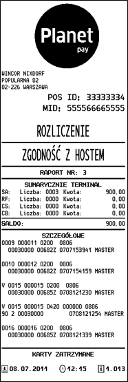 Kody transakcji: Sprzedaż 000000 Cashback 090000 Zwrot 200000 Sprawdzenie stanu konta 310000 Rozliczenie 920000 Rozliczenie po wysyłce transakcji 960000 Unieważnienie