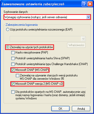 Wybierz Wymagaj szyfrowania oraz zezwalaj na użycie protokołu