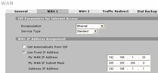 2. Konfiguracja ZyWALL 5 Krok 1. Domyślny adres IP interfejsu LAN urządzeń firmy ZyXEL to 192.168.1.1. Aby zapobiec konfliktom IP logujemy się na urządzenie i zgodnie z zaprezentowaną wyŝej topologią dokonujemy zmian adresacji interfejsów ZyWALL 5.
