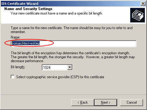 Jako nazwę certyfikatu moŝemy wskazać dowolną wartość, najlepiej jeŝeli jednoznacznie będzie się kojarzyć z komputerem, czy usługą dla jakiej jest przeznaczony certyfikat.
