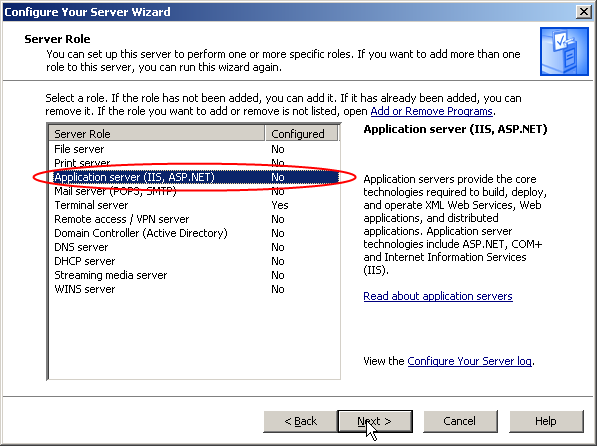 NET). Podczas instalacji naleŝ zaznaczyć opcję Enable ASP.NET). Dodanie roli za pomocą narzędzia Manage Your Server Wybór roli Application Server (IIS, ASP.