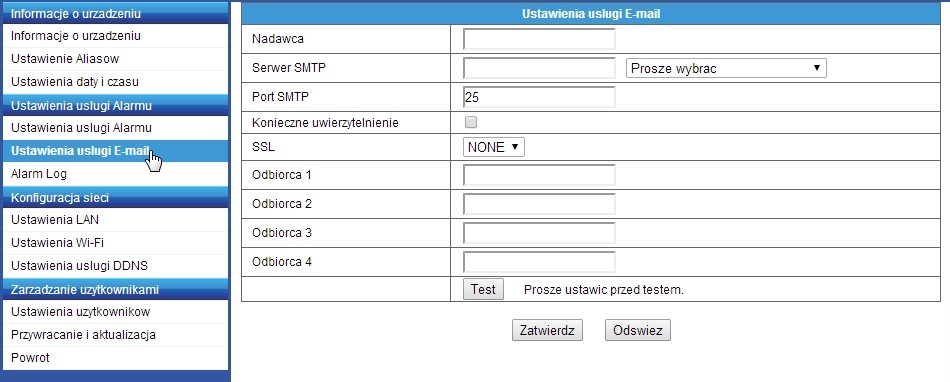 Ustawienia usług alarmu Czujnik ruchu uzbrojony, Zaznacz, aby uaktywnić alarm w przypadku wykrycia ruchu. Czułość czujnika ruchu. Im wyższa wartość, tym większa czułość czujnika ruchu.