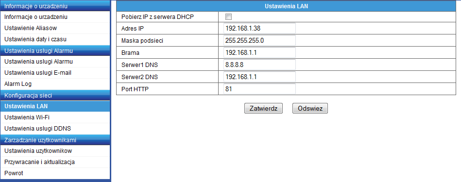 Jeśli odznaczysz tę opcję, konieczne będzie ręczne wpisanie adresu IP kamery. Port HTTP. Ustawienia Wi-Fi Kliknij przycisk Skanuj, aby uzyskać identyfikator y sieci bezprzewodowych w pobliżu.