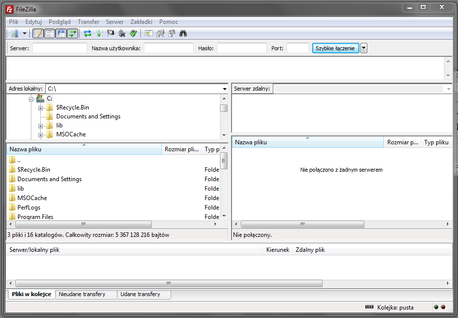 Rys 2.3 Interfejs programu FileZilla. 3. Podłączanie do serwera FTP Szparowni Ładowanie i pobieranie zdjęć jest możliwe dopiero po podłączeniu do serwera.