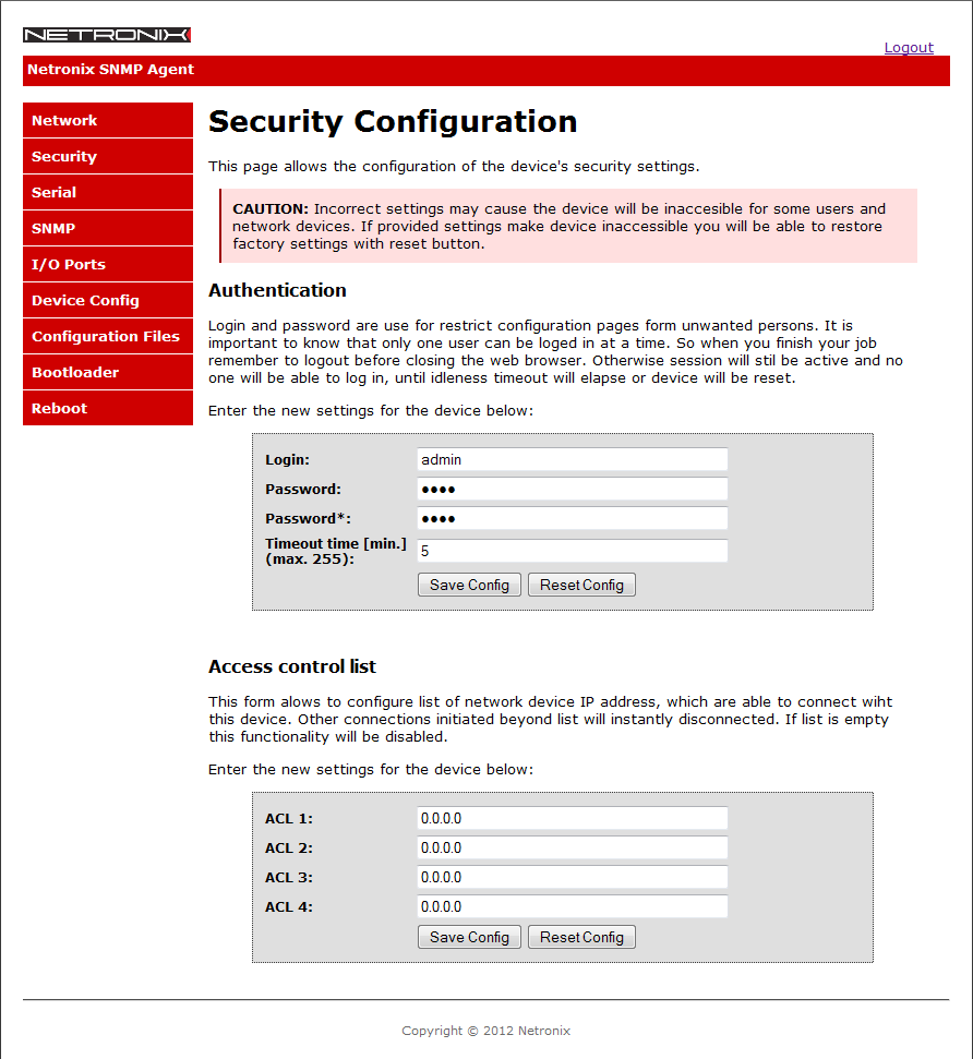 AGEDI Panel konfiguracyjny Ilustracja 8: Panel konfiguracji ustawień zabezpieczeń. Górny formularz panelu służy do konfiguracji parametrów sesji uwierzytelniającej użytkownika.