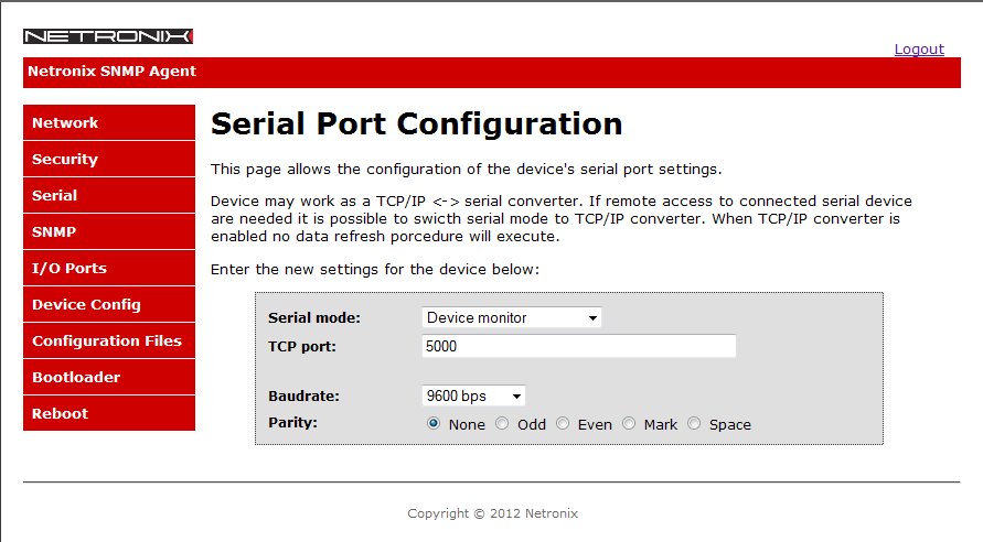 AGEDI Panel konfiguracyjny Ilustracja 9: Panel konfiguracji portu szeregowego. Tabela 9: Ustawienia fabryczne portu szeregowego.