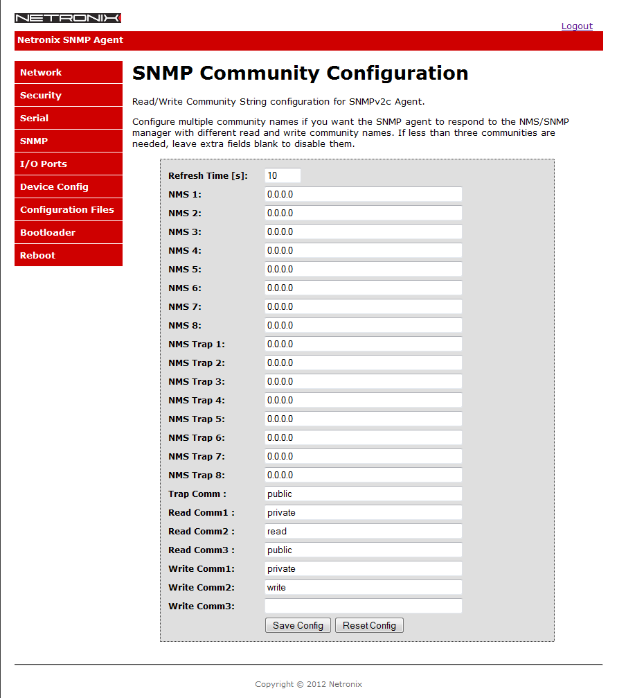 AGEDI Panel konfiguracyjny Ilustracja 10: Panel konfiguracji ustawień SNMP. Tabela 10: Ustawienia fabryczne parametrów SNMP.