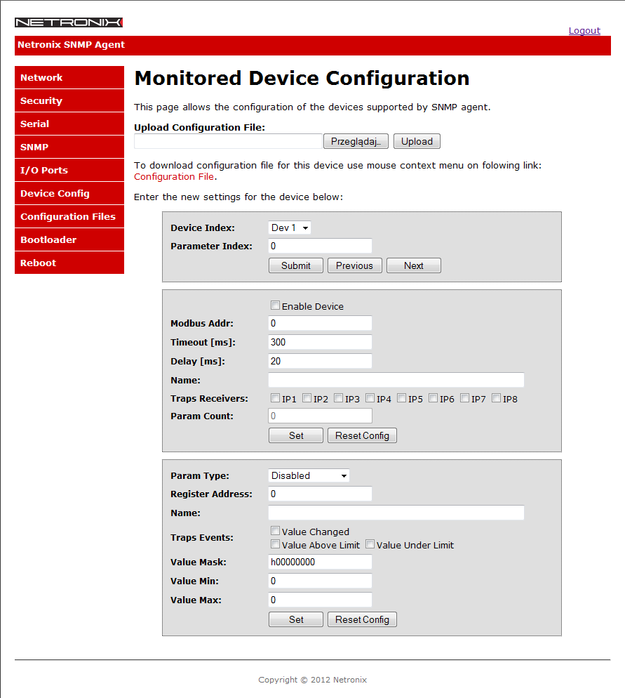 AGEDI Panel konfiguracyjny 5.7 Konfiguracja ustawień monitorowanych urządzeń Konfiguracja ustawień odpytywanych urządzeń dostępna jest z panelu administracyjnego w zakładce Device Config.