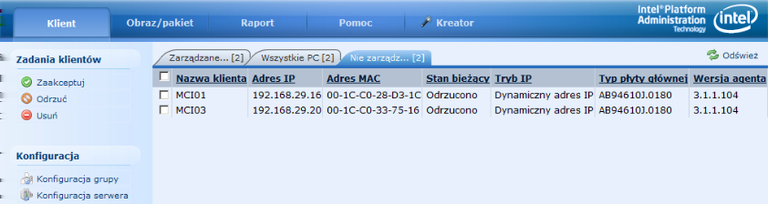 7 Rys.8. Informacje o zarządzanym komputerze. Zarządzanie nowymi komputerami w sieci. Nowe stacje można akceptować, odrzucać oraz usuwać.