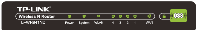 TL-WR841ND: Opis diod LED: Dioda Stan Opis Power System 1,2,3,4, WAN WLAN QSS świeci nie świeci świeci pulsuje nie świeci świeci pulsuje nie świeci pulsuje nie świeci pulsuje (kolor zielony) świeci