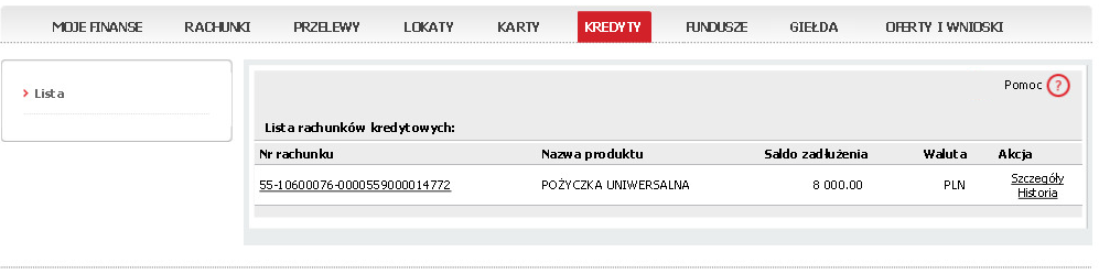 Kredyty Wybierając zakładkę Kredyty, uzyskasz listę wszystkich kredytów, które posiadasz w Banku BPH wraz z aktualnym saldem zadłużenia.