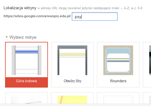 Rysunek 2 Nazwa i adres naszej strony Rysunek 3 Ustawianie szablonu graficznego Podczas tworzenia witryny można wybrać jeden z gotowych motywów graficznych będących bazą wyjściową graficznej części