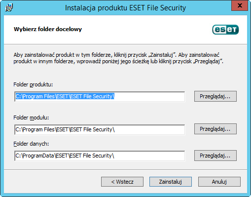 Pełna jest to zalecany typ instalacji. W ramach tej instalacji zainstalowane zostaną wszystkie funkcje produktu ESET File Security.