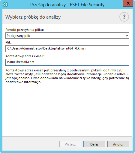 7.7.11 Przesyłanie próbek do analizy Okno dialogowe przesyłania próbek umożliwia wysłanie do firmy ESET pliku lub witryny internetowej do analizy.