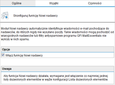 Konfigurowanie filtru Nowi nadawcy 1. Przejdź do obszaru Anti-Spam > Nowi nadawcy. Screenshot 80: Karta Ogólne filtru Nowi nadawcy 2.