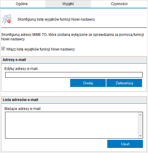 Screenshot 81: Karta Wyjątki filtru Nowi nadawcy 3. Na karcie Wyjątki można konfigurować nadawców/odbiorców, których wiadomości zostaną wyłączone ze sprawdzania za pomocą filtru Nowi nadawcy.