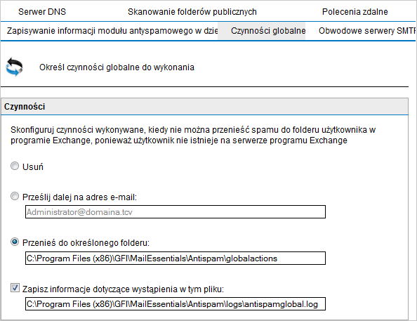 Screenshot 89: Czynności globalne 2. Wybierz kartę Czynności globalne i jedną z poniższych czynności: Usuń wiadomość e-mail Prześlij dalej na adres e-mail Przenieś do określonego folderu 3.