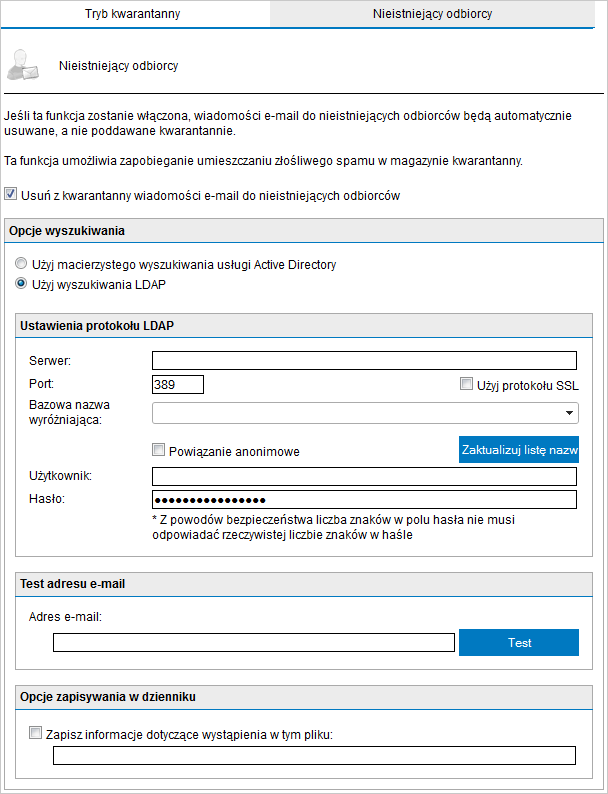 Konfigurowanie funkcji Nieistniejący odbiorcy Filtr Nieistniejący odbiorcy wymaga dostępu do listy adresów lokalnych.