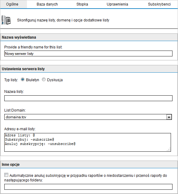 Screenshot 125: Tworzenie nowej listy 2. Skonfiguruj następujące opcje: Opcja Nazwa wyświetlana Typ listy Nazwa listy Opis Wpisz łatwą do zapamiętania nazwę nowej listy.
