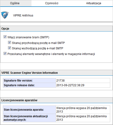Screenshot 36: Konfiguracja programu Vipre 2. Zaznacz pole wyboru Włącz skanowanie bram (SMTP), aby skanować wiadomości e-mail za pomocą tego aparatu skanowania wirusów. 3. Wybierz opcję skanowania przychodzących i/lub wychodzących wiadomości e-mail za pomocą tego aparatu skanowania wirusów.