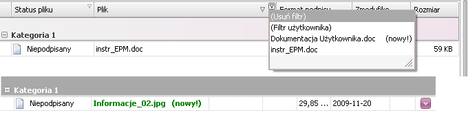 Przedstawiony powyżej filtr spowoduje wyszukanie wszystkich plików mających w nazwie wyraz nowy (wielkość liter nie jest istotna) albo plików, które mają rozszerzenie xml.