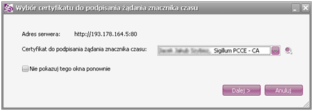 6.3.4 Dodawanie znacznika czasu do istniejącego podpisu Dla plików podpisu nie opatrzonych znacznikiem czasu istnieje możliwość dodania go poprzez wywołanie operacji Operacje -> Podpis elektroniczny