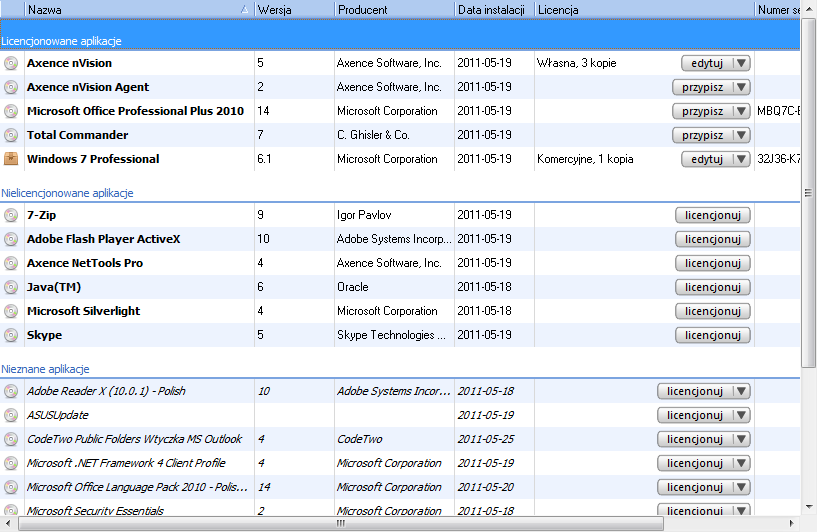 Informacja o programach, plikach EXE i rejestrze Pliki multimedialne Różne typy licencji Automatyczne wykrywanie