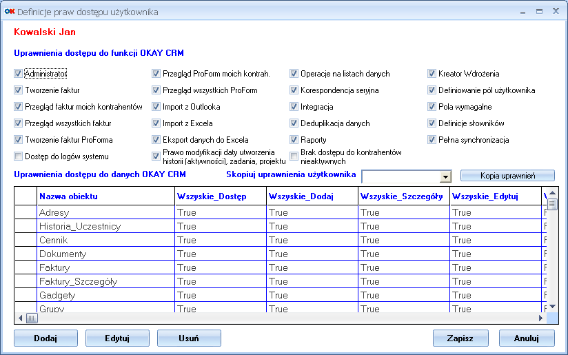 Rozbudowany system praw dostępu Każdemu użytkownikowi programu OKAY CRM można włączyć lub wyłączyć wybrane funkcje programu w zależności od potrzeb. W OKAY CRM 2.
