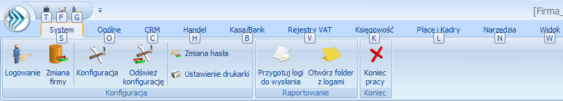 2 Standardy w programie 2.1 Standardy ogólne 2.1.1 Obsługa menu głównego (wstążki) 2.1.1.1 Zwijanie wstążki menu oraz skróty klawiaturowe dla funkcji menu Wstążka menu to pasek menu widoczny na górze okna programu: Rys.