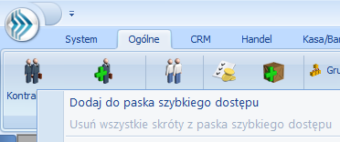 Wciskając przykładowo z klawiatury klawisz <O> otworzone zostanie menu Ogólne: Rys. 4. Skróty klawiaturowe dla wstążki menu c.d. Kolejno wybierając z klawiatury dwukrotnie klawisz <K> zostanie otworzona: Lista kontrahentów lub wybierając klawisz <P>: Lista pracowników itd.