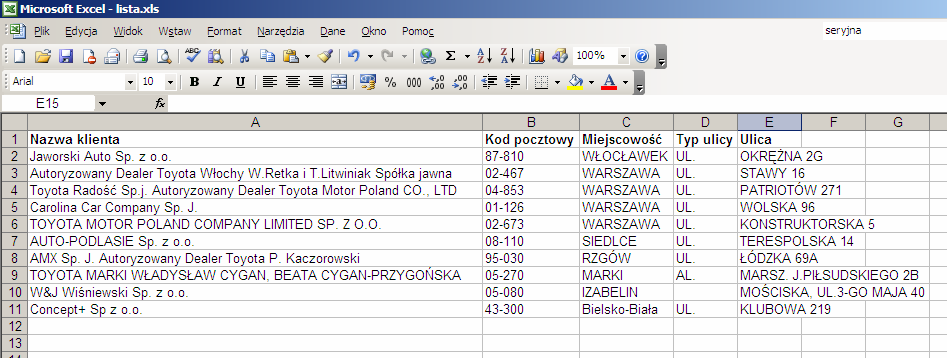 Ekran 14 - Fragment oka MS Excel z listą wyeksportowanych klientów.