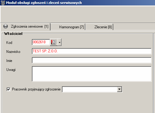 Ekran 17 - Wyświetlenie informacji o zaległościach płatniczych podczas tworzenia zgłoszenia serwisowego Dane kontrahenta posiadającego zaległości płatnicze wyróżniane są kolorem czerwonym podczas