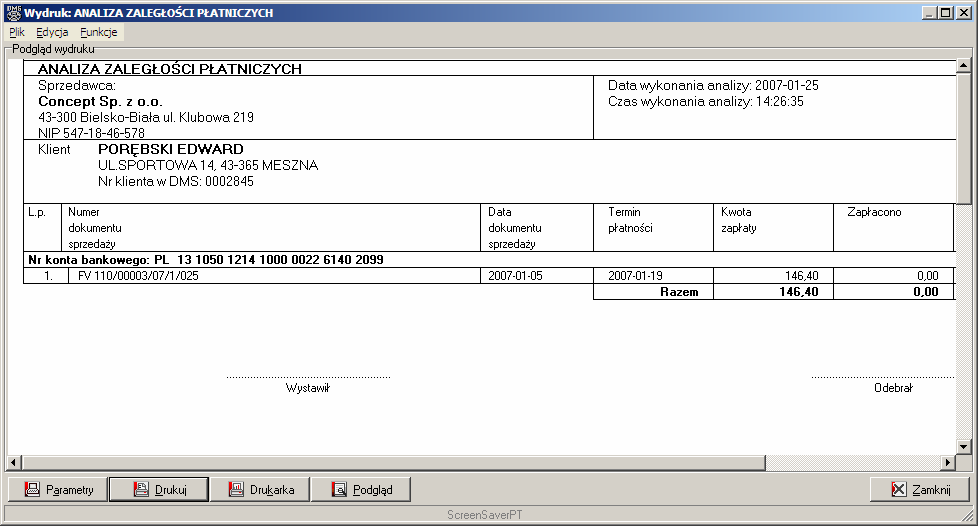 Ekran 31 - Okno modułu Analiza płatności Wybranie przycisku Wydruk otwiera podgląd dokumentu