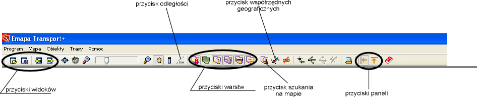 Okno widoku mapy (po kliknięciu prawym przyciskiem myszki wyświetla się na nim menu kontekstowe pozwalające m.in.