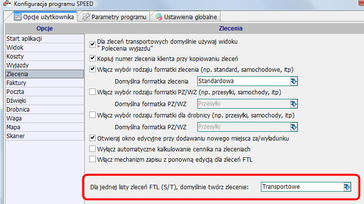 CAŁOPOJAZDOWE FTL Typ domyślny Dodano opcję domyślnego ustawiania typu zlecenia dla jednej listy
