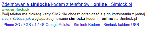 Tytuł Obecna realizacja Na rysunku nr 14 przedstawiony został obecny wygląd wizytówki strony głównej w wynikach wyszukiwania na frazę simlock online (w zależności od wyszukiwanej frazy podświetlane
