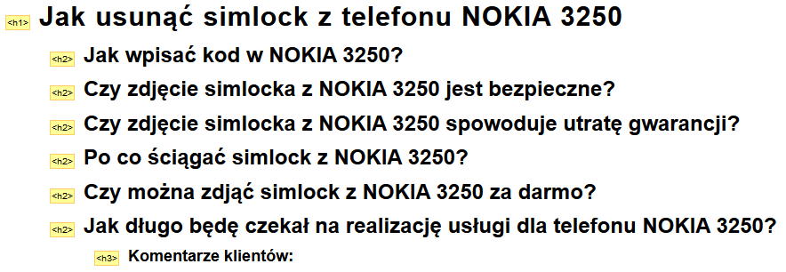 Nagłówki H2-H6 Obecna realizacja Obecna realizacja struktury nagłówków na omawianej stronie jest nieprawidłowa (rysunek nr 25). Brak jest nagłówka H1 najważniejszego nagłówka na stronie.