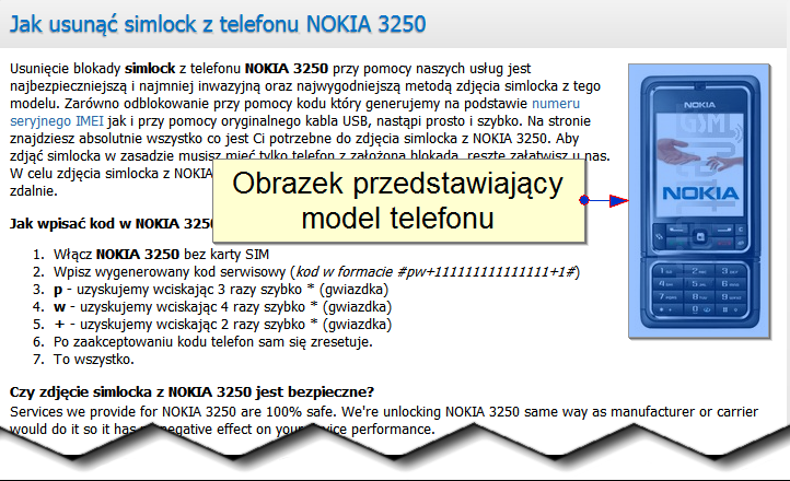 Obecna realizacja Dodatkowe optymalizacje Obrazek przedstawiający wybrany model telefonu (rysunek nr 33) posiada w prawdzie optymalny atrybut {alt} o treści: NOKIA 3250 jednak jego nazwa: yaulbd-s.
