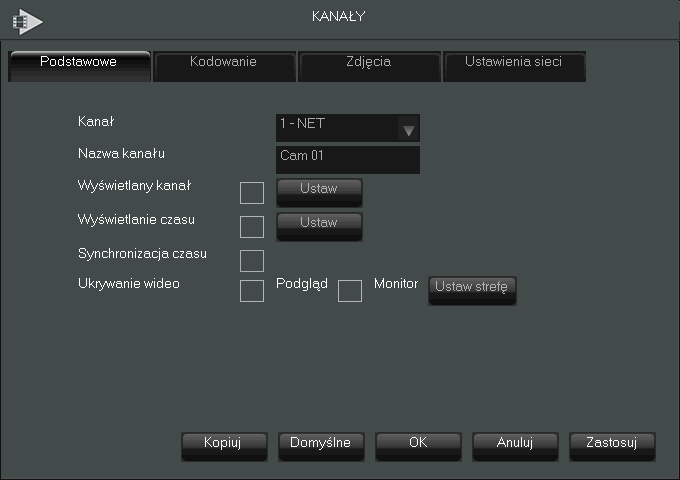 NVR-3304, NVR-3308, NVR-3326 Instrukcja obsługi wer.1.0 MENU REJESTRATORA 5. KONIFGURACJA REJESTRATORA 5.1. Ustawienia kanałów wideo Aby zmieniać ustawienia kanałów sieciowych należy wybrać ikonę KANAŁY ustawień sieciowych została opisana w rozdziale 3.
