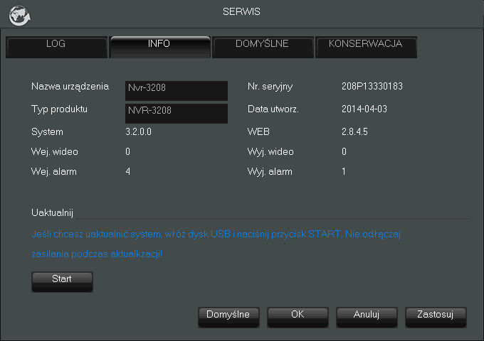 NVR-3304, NVR-3308, NVR-3326 Instrukcja obsługi wer.1.0 MENU REJSTRATORA 5.10.2. Wyświetlanie informacji o urządzeniu Zakładka INFO wyświetla informacje o rejestratorze (nr-seryjny, wersje oprogramowania i inne).