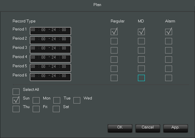 NVR-3304, NVR-3308, NVR-3326 User s manual ver.1.0 NVR MENU Choosing RECORD TIME tab allows to set recording schedule for every day of the week.