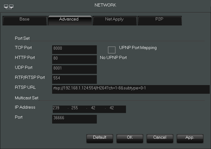 NVR-3304, NVR-3308, NVR-3326 User s manual ver.1.0 NVR MENU 5.4. Advanced network settings Choosing AVADANCED in NETWORK configuration windows allows to set the following parameters.